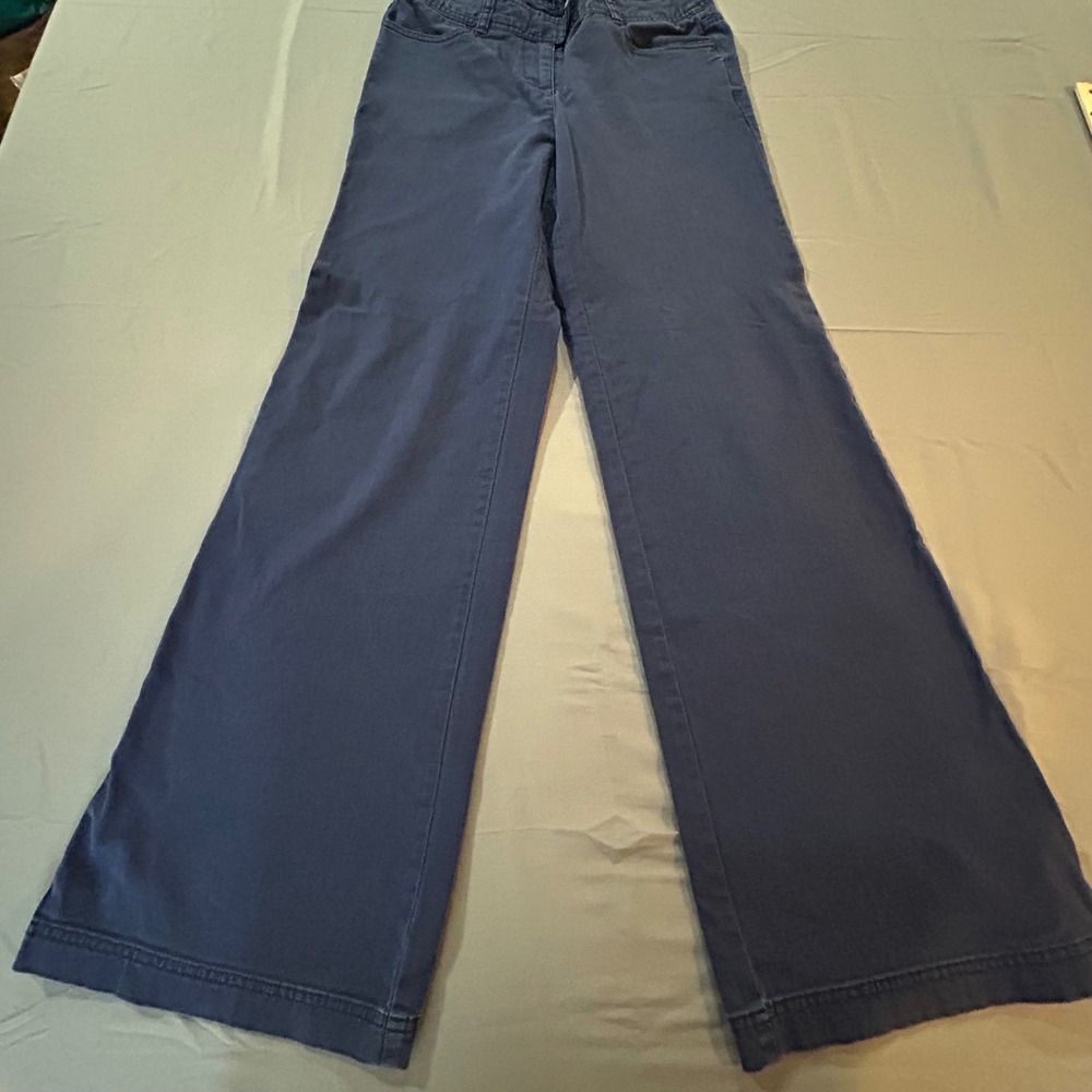 Boden Women Navy Blue Wide Leg Cropped Pants Size 12 Pink Stitch Detail